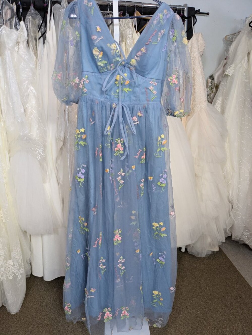 NWOT Blue Floral Embroidered Tulle Maxi Dress Size 10 - Picture 3 of 5
